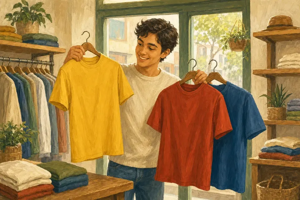 A young shopper comparing yellow, red, and blue T-shirts in a clothing store