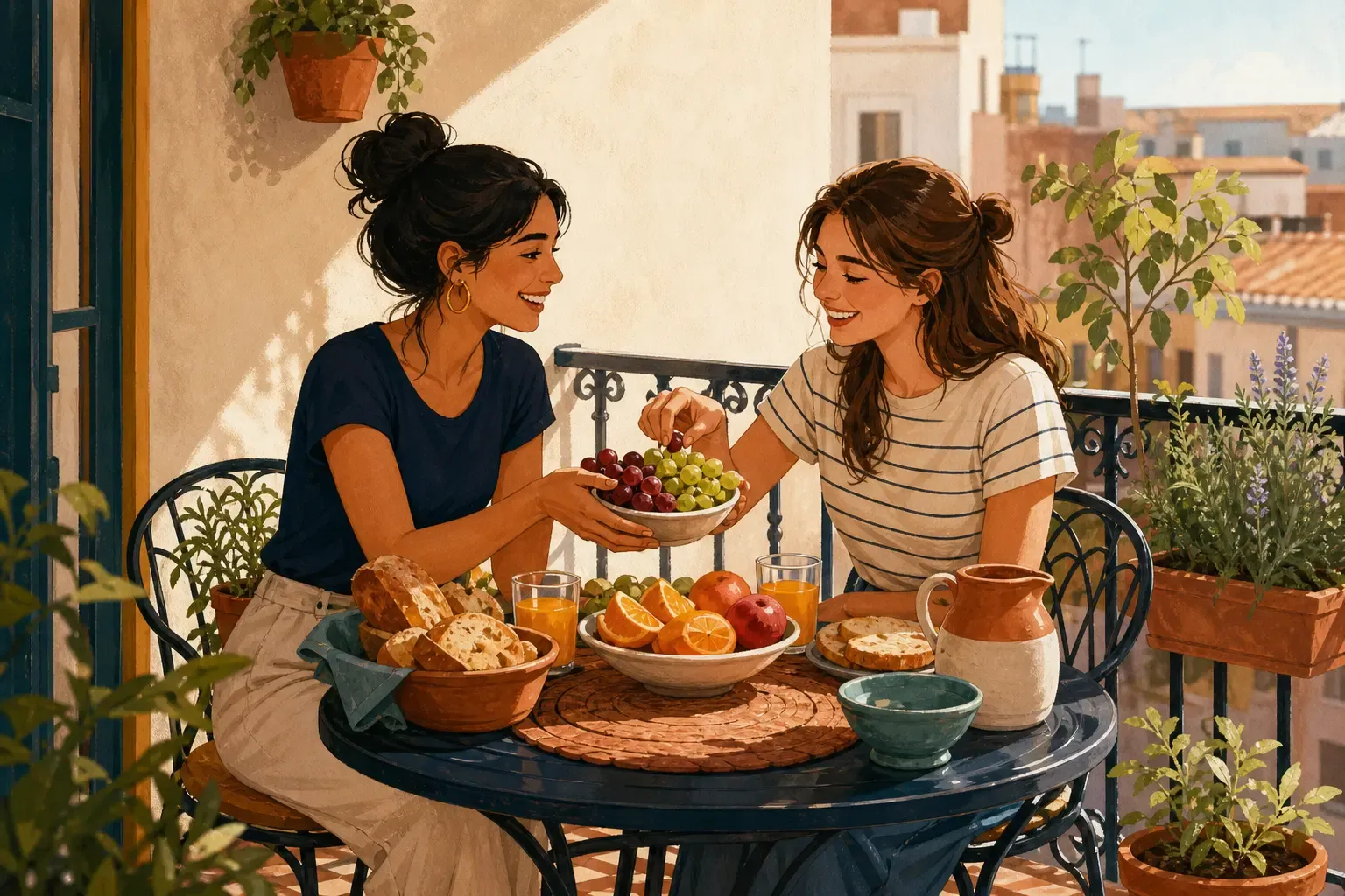 Two friends sharing fruit and bread on a sunny balcony