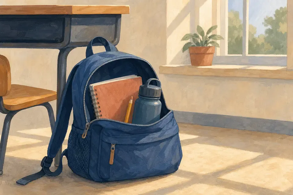 An open blue backpack beside a classroom desk