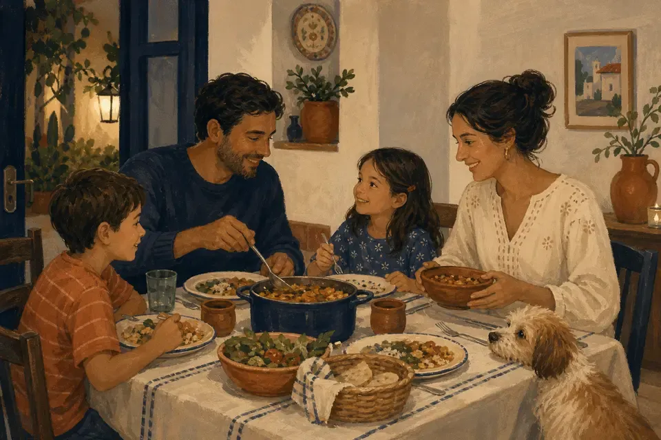 A family sharing dinner together at home