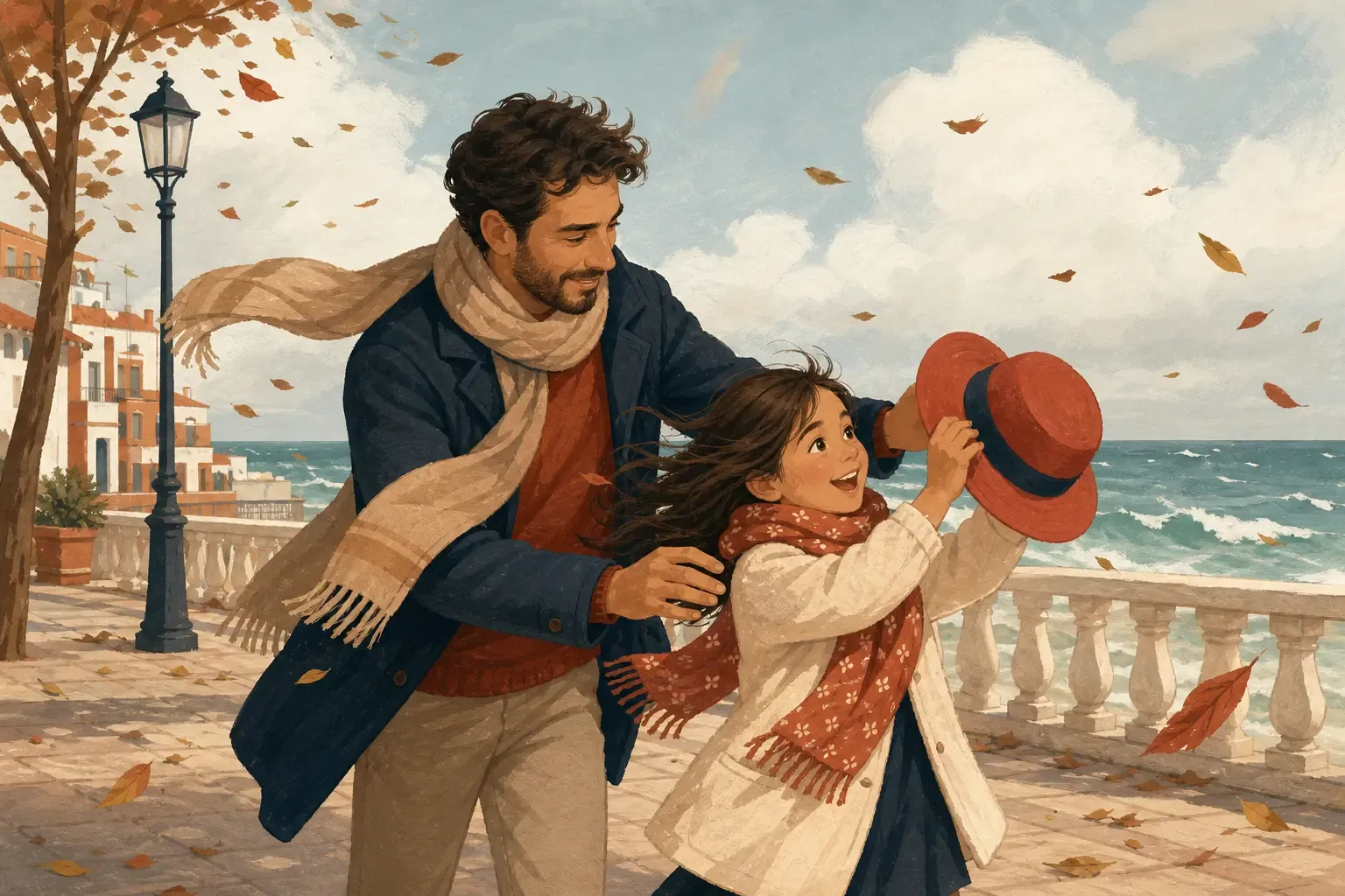 A child and her father holding a hat on a windy seaside walk