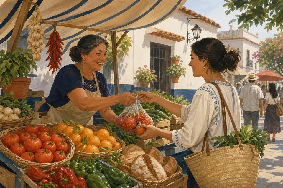 A shopper buying fresh produce at an outdoor market