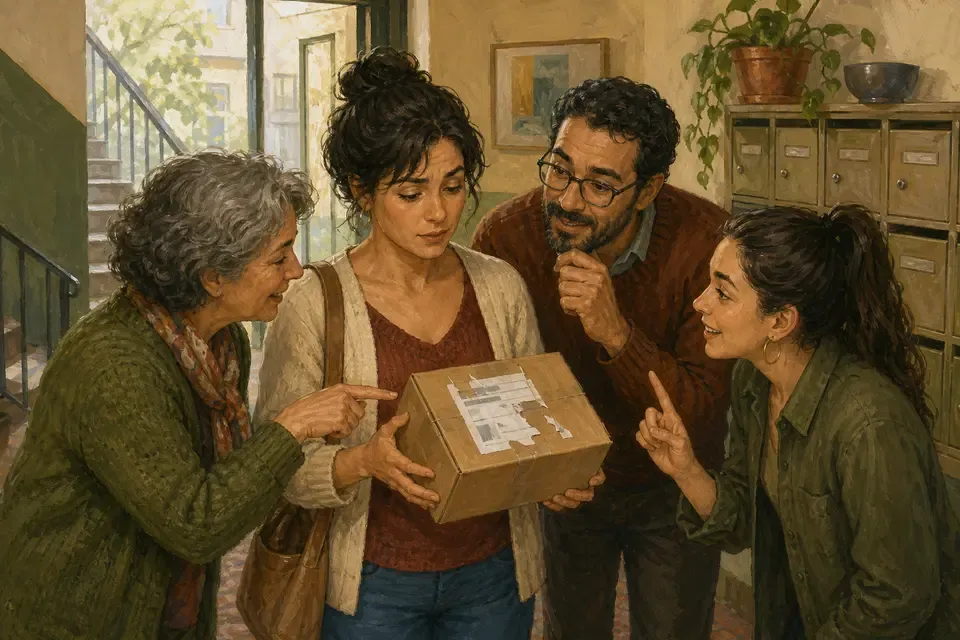 Four neighbors examining a parcel with a damaged label in an apartment entrance