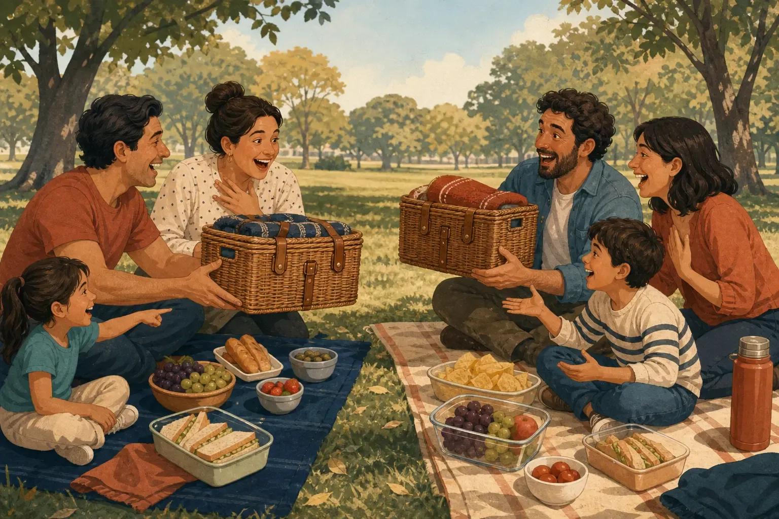 Two groups laughing after exchanging similar picnic baskets