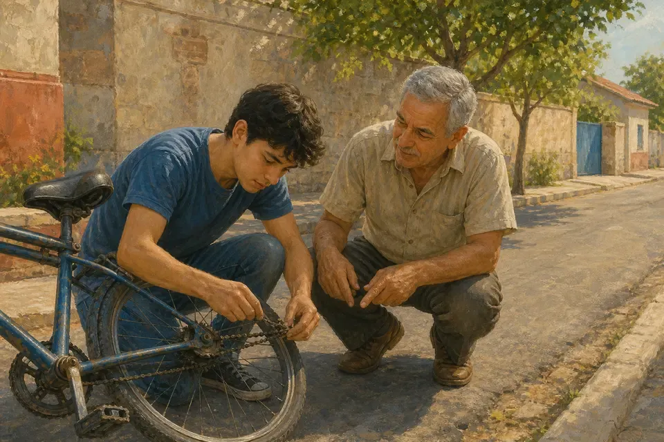 A young man repairing a bicycle chain with help from an older neighbor