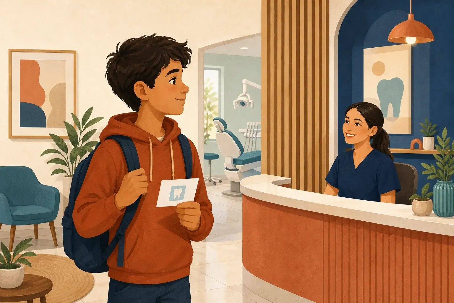 A relaxed patient arriving at a bright dental clinic