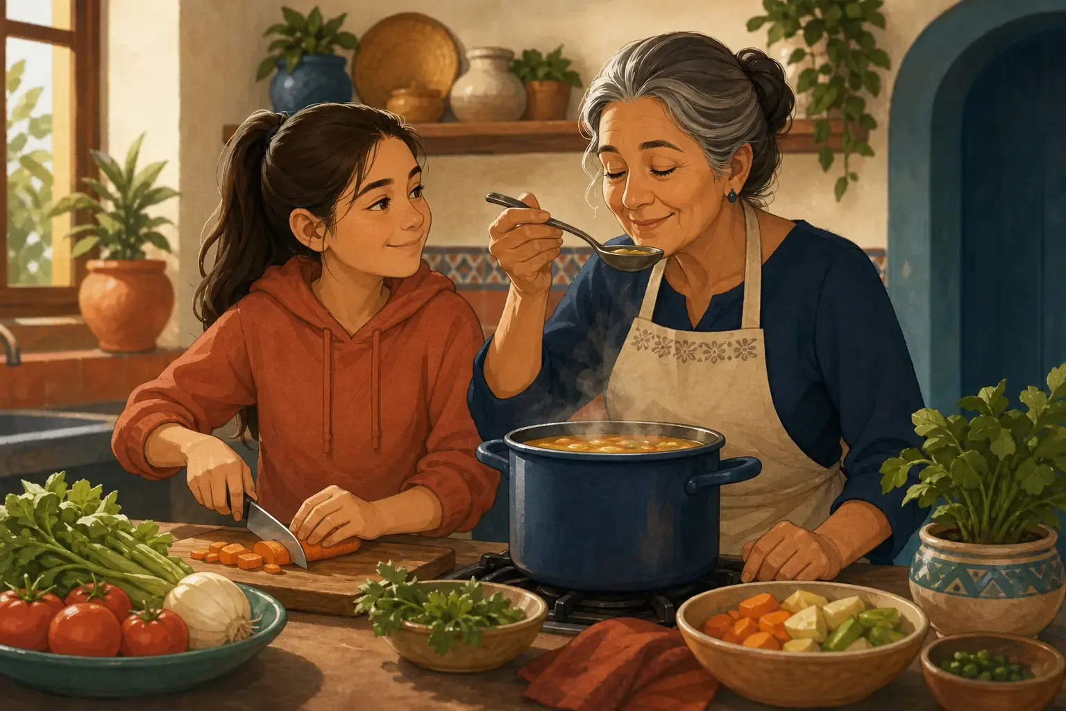 Two people preparing a meal together in a warm kitchen