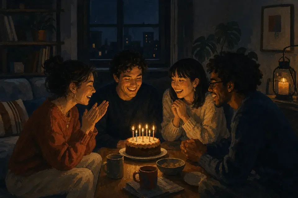 Friends celebrating a birthday by candlelight