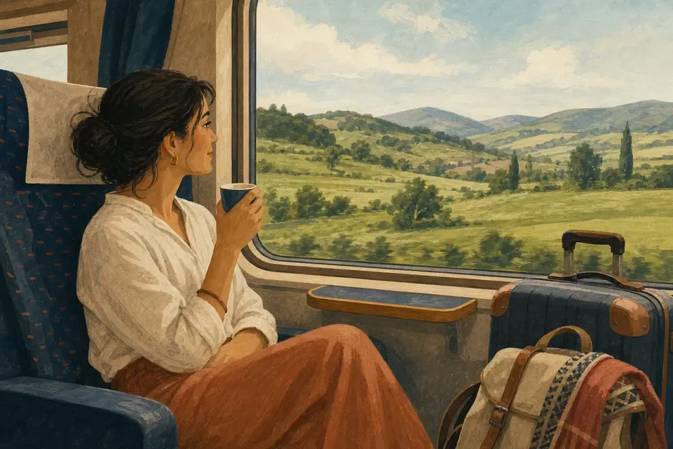 A traveler looking through a train window at green hills