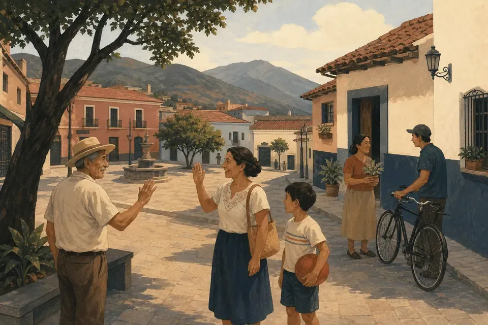 Neighbors greeting each other in a small town plaza