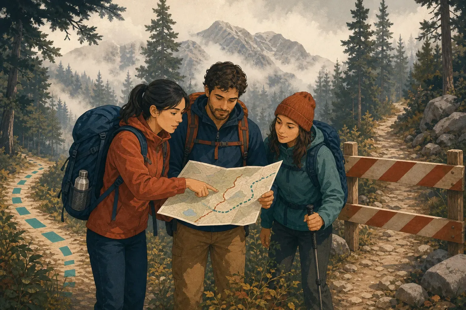 Three hikers choosing an alternative route beside a closed mountain trail