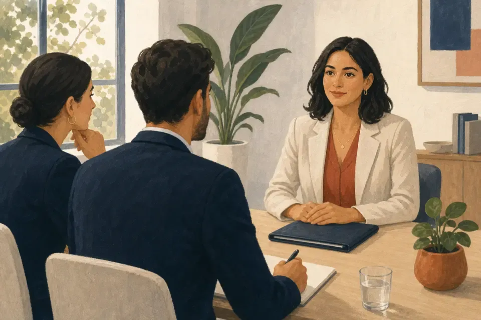 A candidate speaking with two interviewers in an office