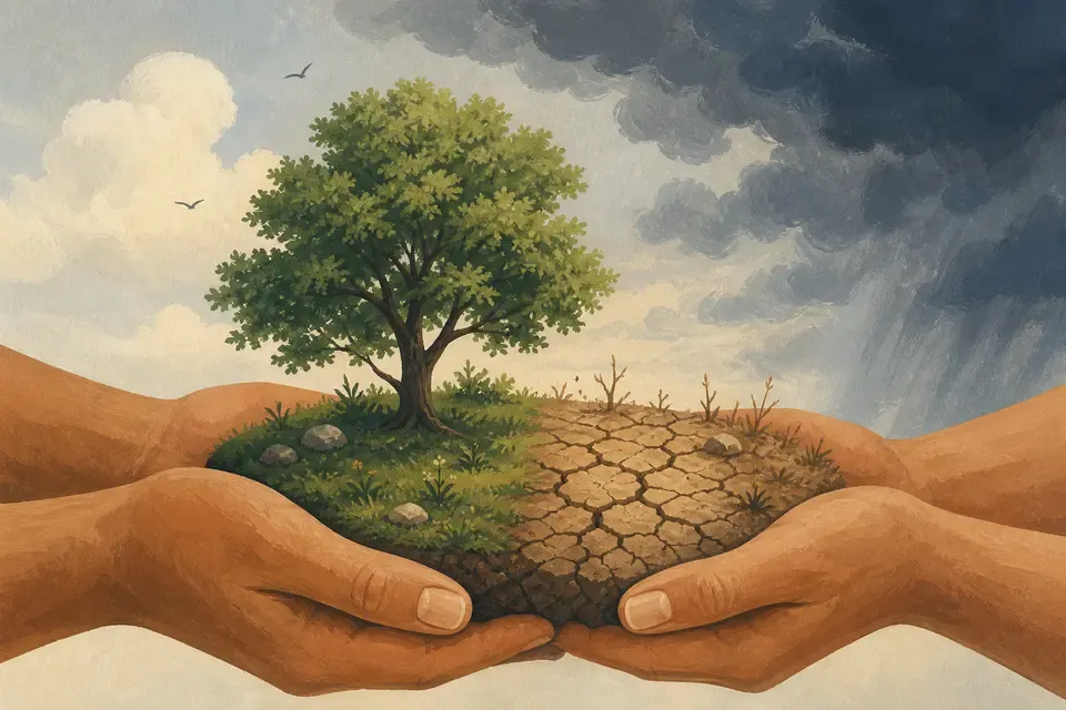 Hands holding a landscape divided between green and dry land