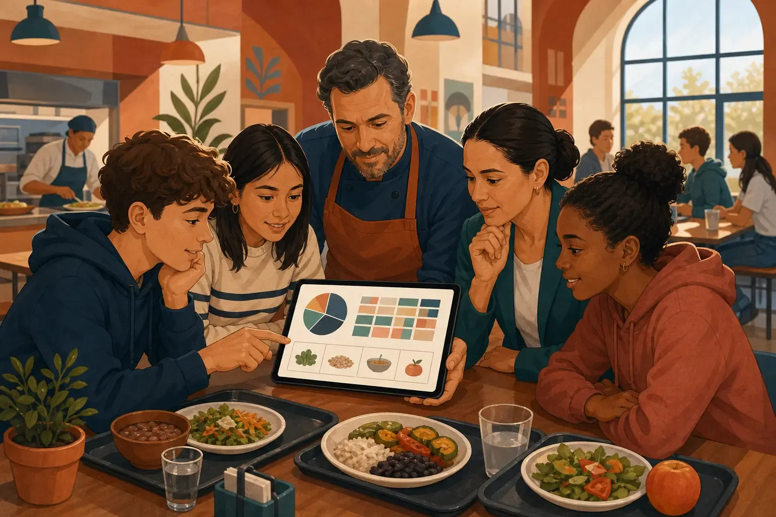 Students and cafeteria staff discussing a meal-planning dashboard