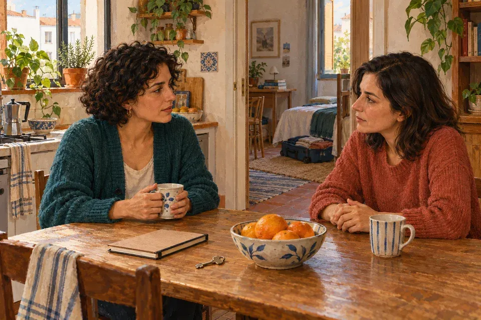 Two sisters talking over mugs at a kitchen table, with a guest room and an unpacked suitcase behind them
