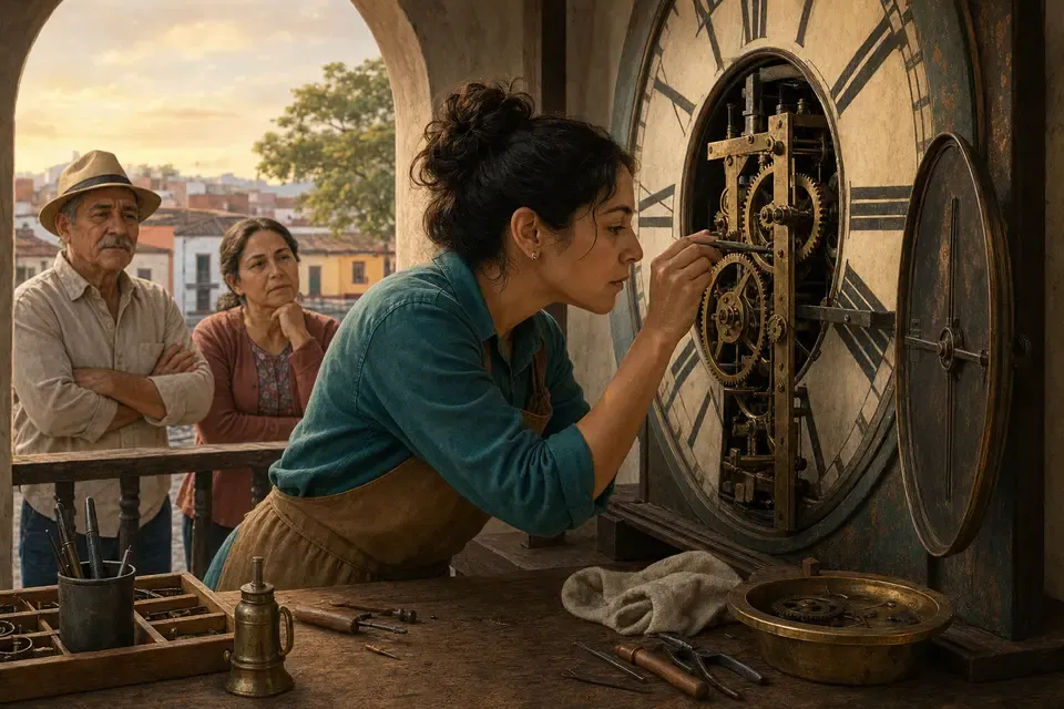A clock restorer examining the mechanism of an old public clock