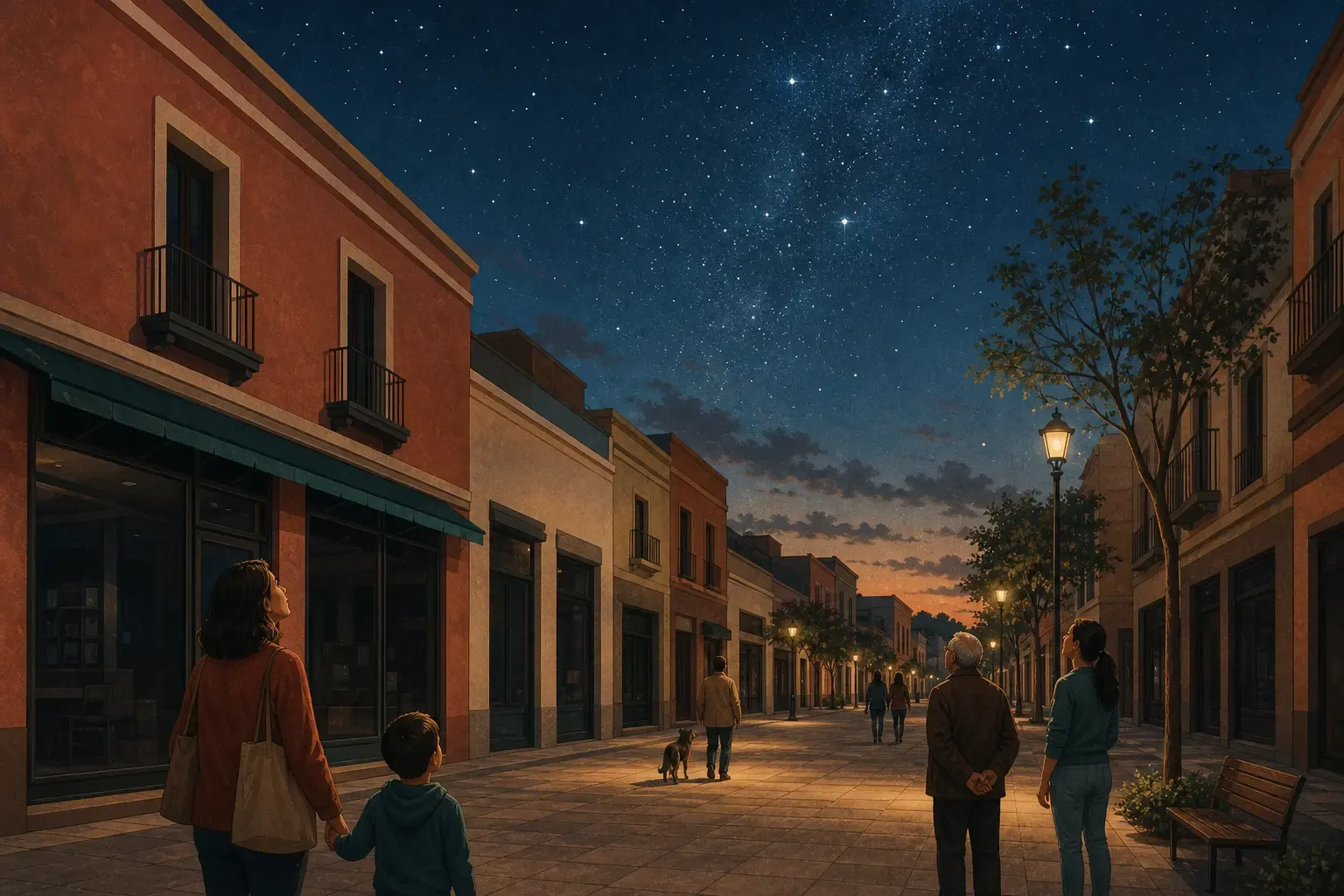 A quiet commercial street under a changing evening sky