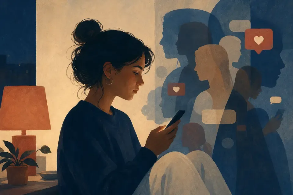 A thoughtful person using a phone among overlapping silhouettes