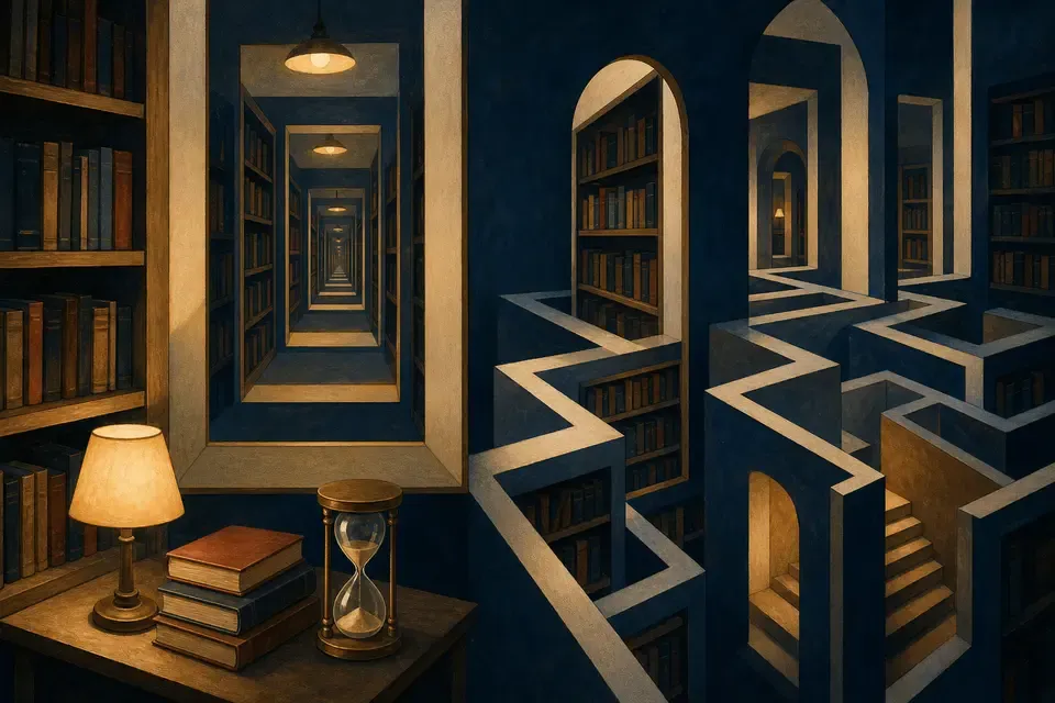An infinite library corridor becoming a geometric labyrinth