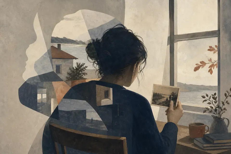 A person holding an old photograph among layered memories