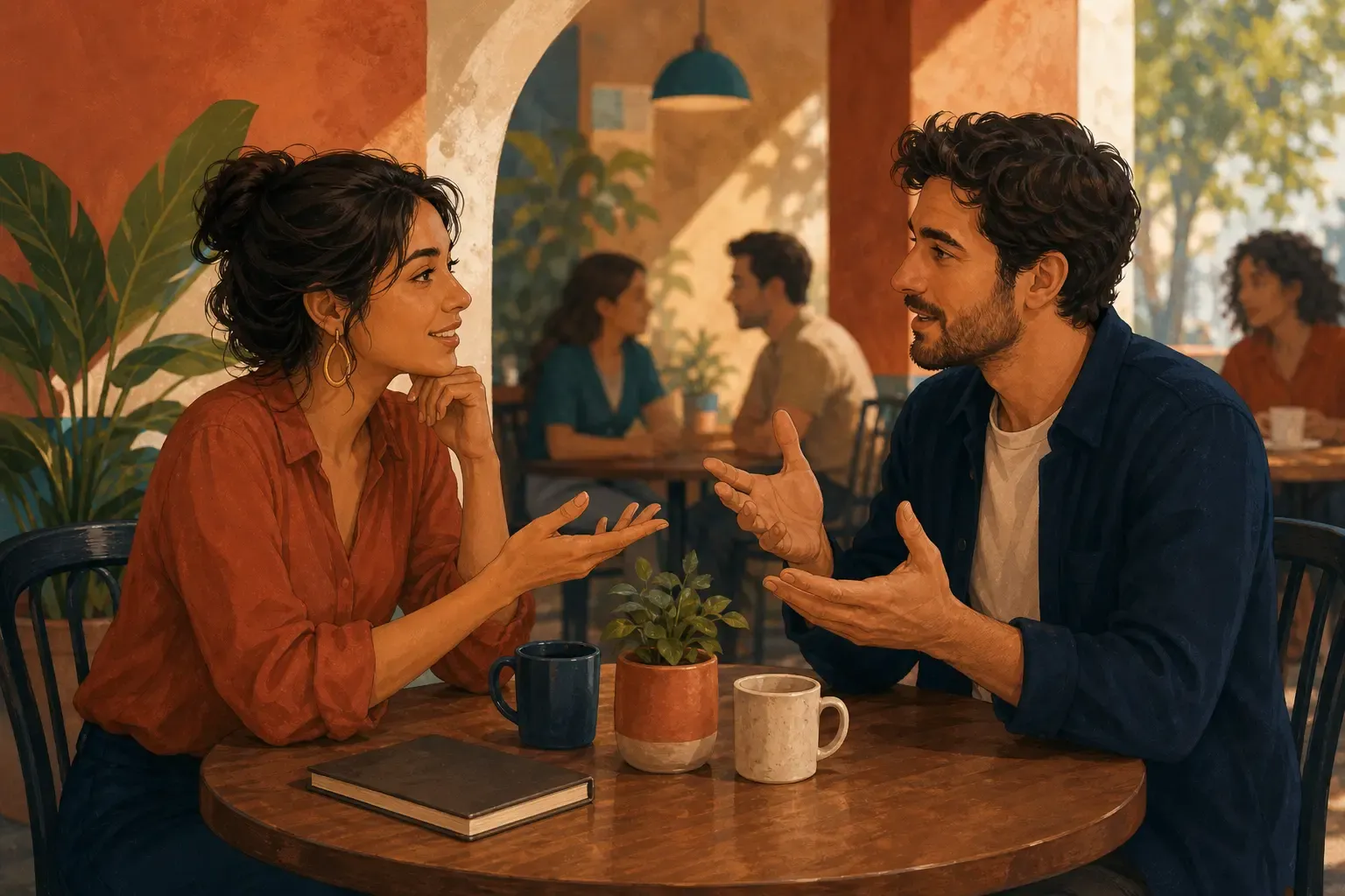 Two adults having a lively but respectful conversation in a café