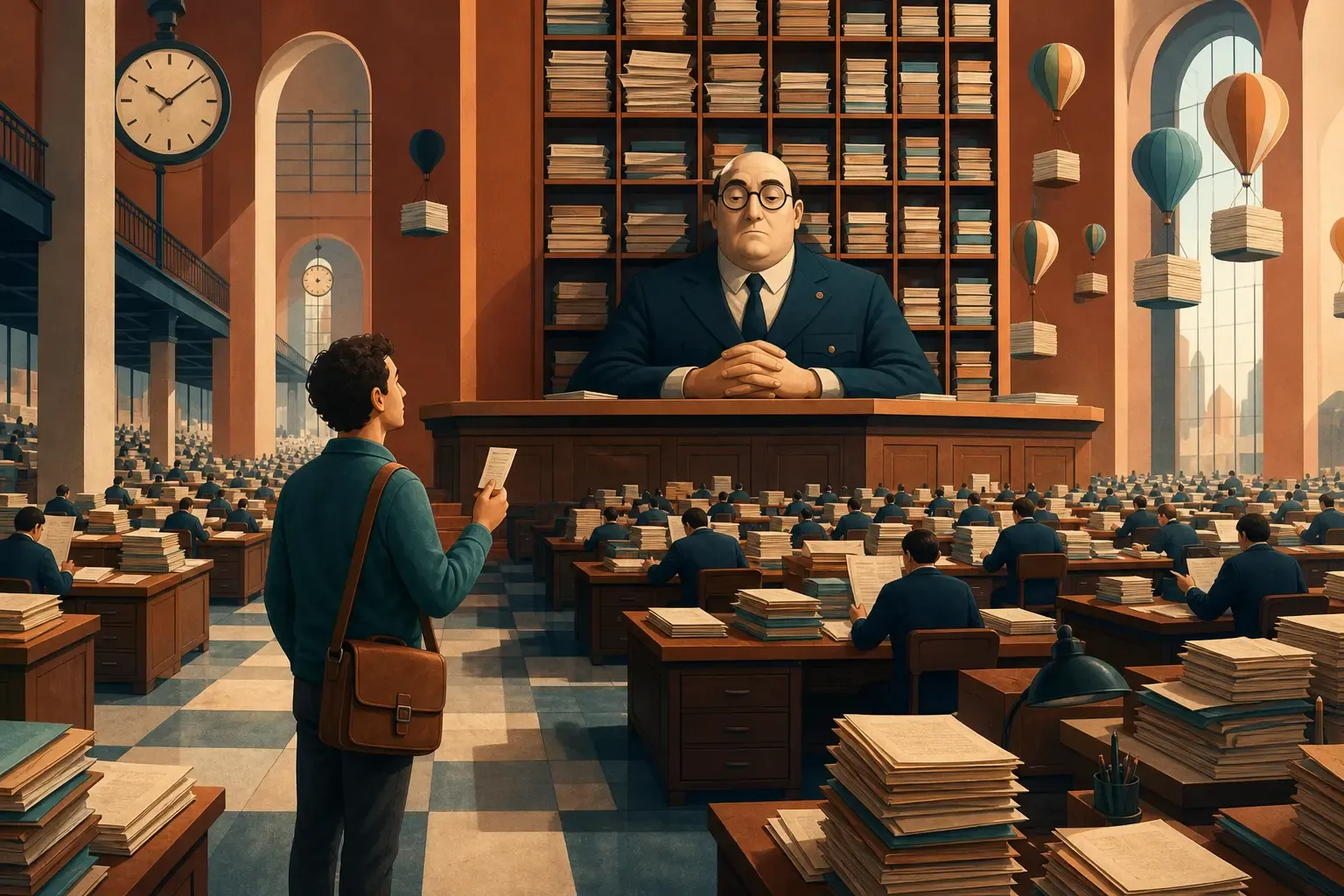 A patient citizen waiting inside an immense surreal government archive