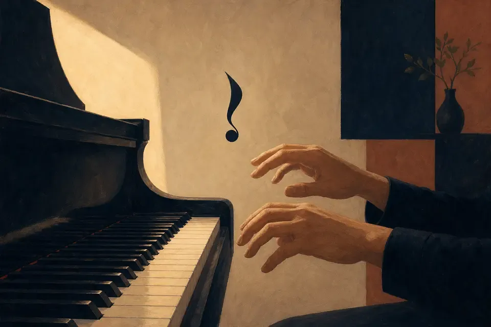 A pianist pausing with hands suspended above the keys
