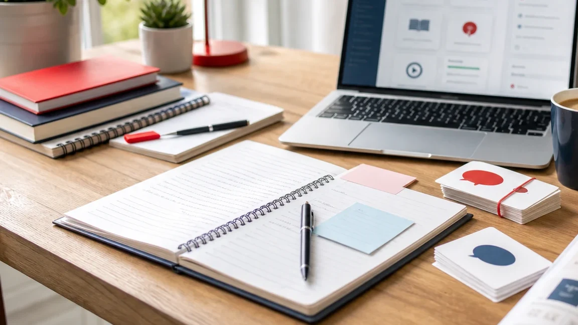 A desk with open study materials, cards, and a notebook for short Spanish reading practice