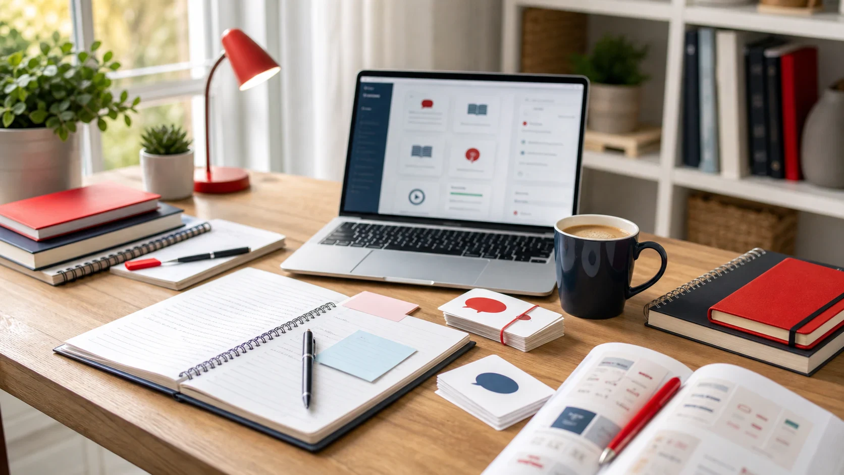 A tidy desk with a laptop, notebook, flashcards, and study materials for learning Spanish